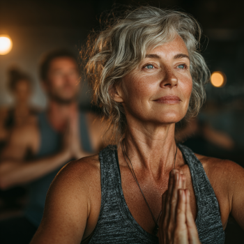 Seniori practicând yoga în natură